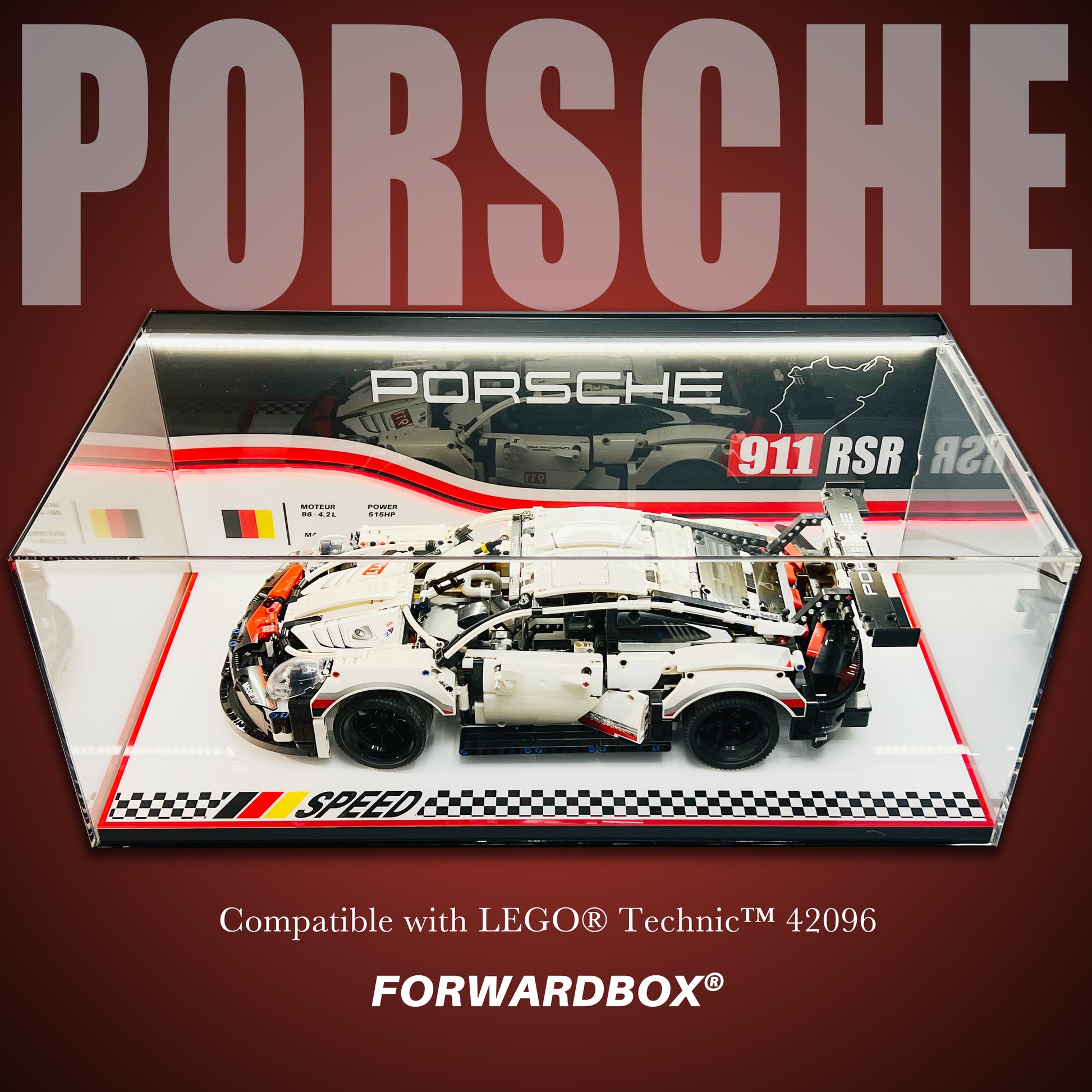 FORWARDBOX LEGO ® Technic Light-Up Display Case Compatible with Porsche 911RSR (Set No. 42096)